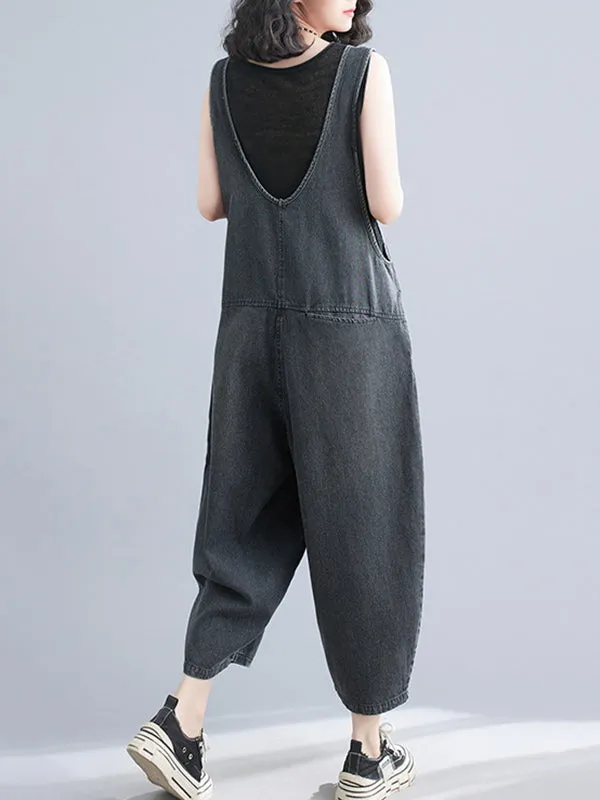 Buttoned Cropped Loose Denim Overalls