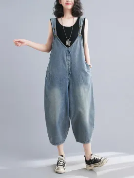 Buttoned Cropped Loose Denim Overalls