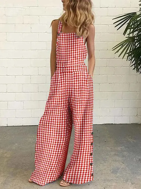 Buttoned Plaid Pockets Loose Sleeveless Collarless Overalls