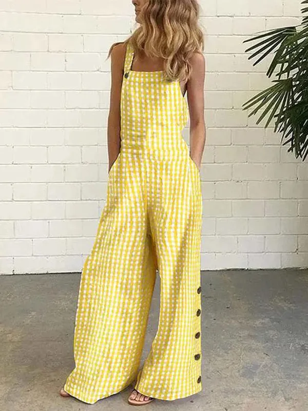 Buttoned Plaid Pockets Loose Sleeveless Collarless Overalls