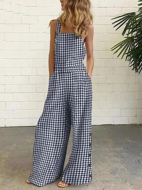 Buttoned Plaid Pockets Loose Sleeveless Collarless Overalls