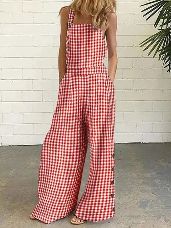 Buttoned Plaid Pockets Loose Sleeveless Collarless Overalls