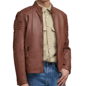 Casual Stylish Brown Fitted Motorcycle Sheepskin Leather Jacket Men