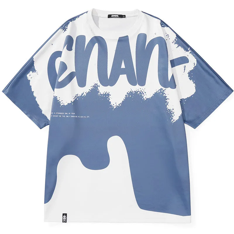 Color Block Spliced Letter Print Space Cotton T-Shirt