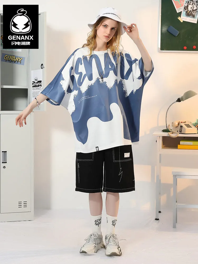 Color Block Spliced Letter Print Space Cotton T-Shirt