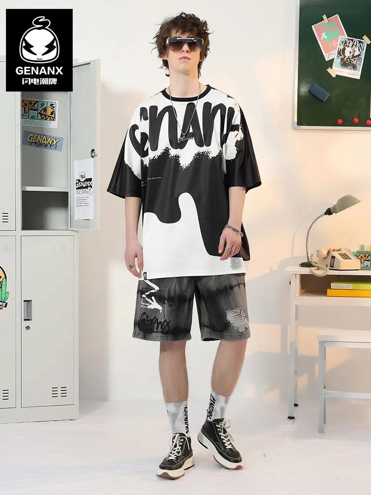 Color Block Spliced Letter Print Space Cotton T-Shirt