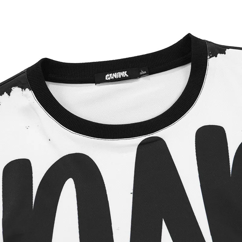 Color Block Spliced Letter Print Space Cotton T-Shirt