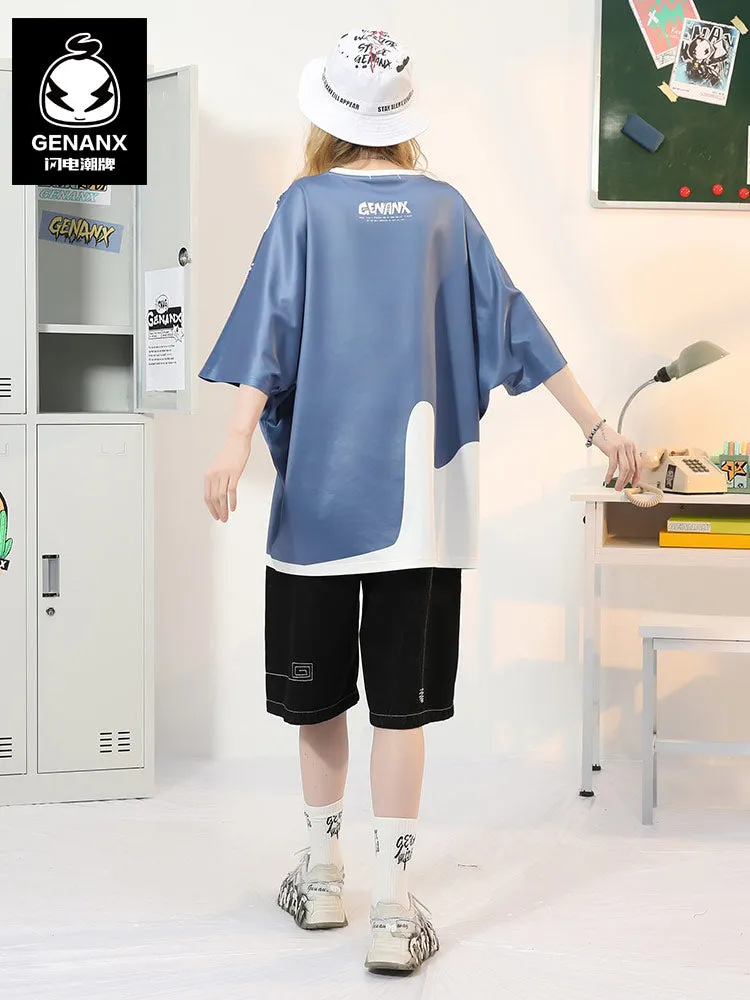 Color Block Spliced Letter Print Space Cotton T-Shirt
