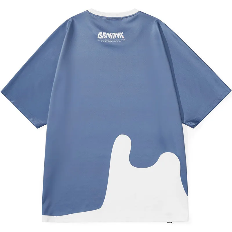 Color Block Spliced Letter Print Space Cotton T-Shirt