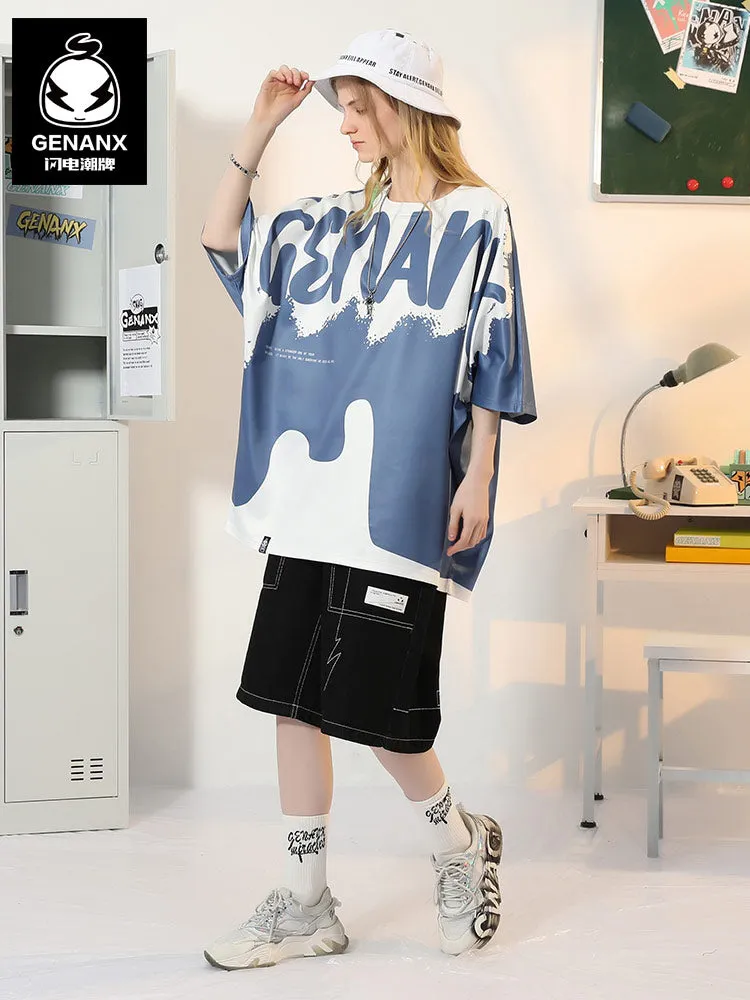 Color Block Spliced Letter Print Space Cotton T-Shirt