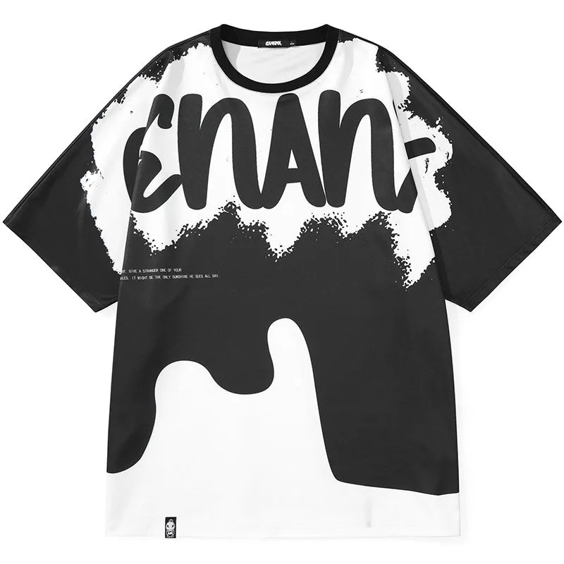 Color Block Spliced Letter Print Space Cotton T-Shirt