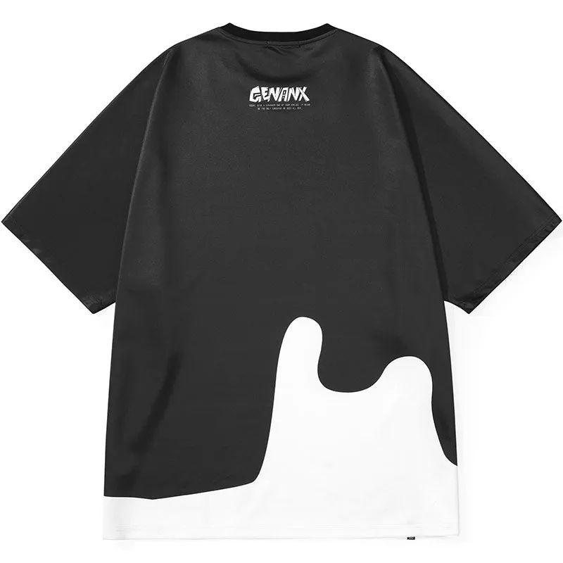 Color Block Spliced Letter Print Space Cotton T-Shirt