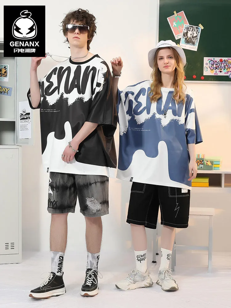 Color Block Spliced Letter Print Space Cotton T-Shirt