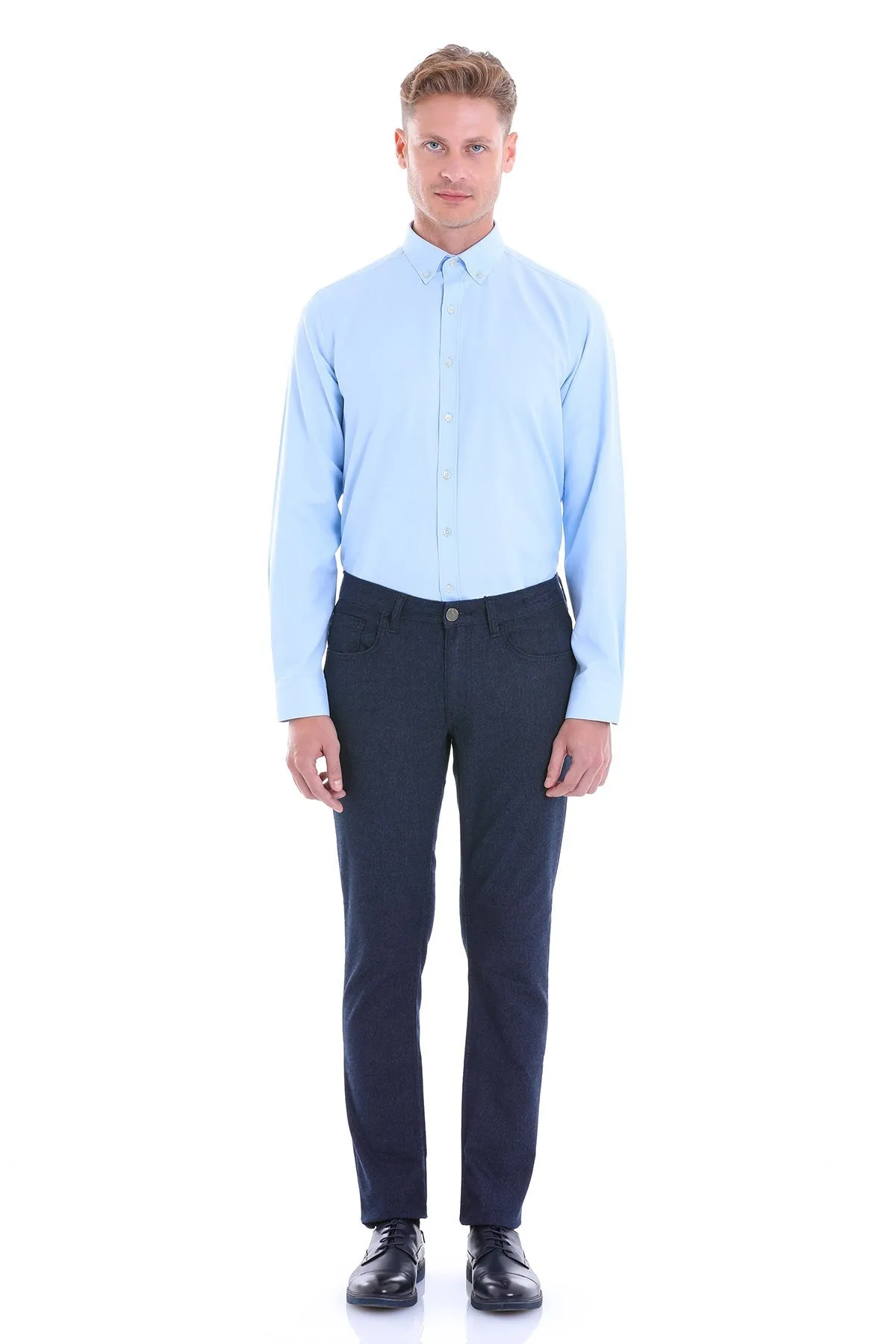 Comfort Fit Plain Cotton Blend Light Blue Casual Shirt