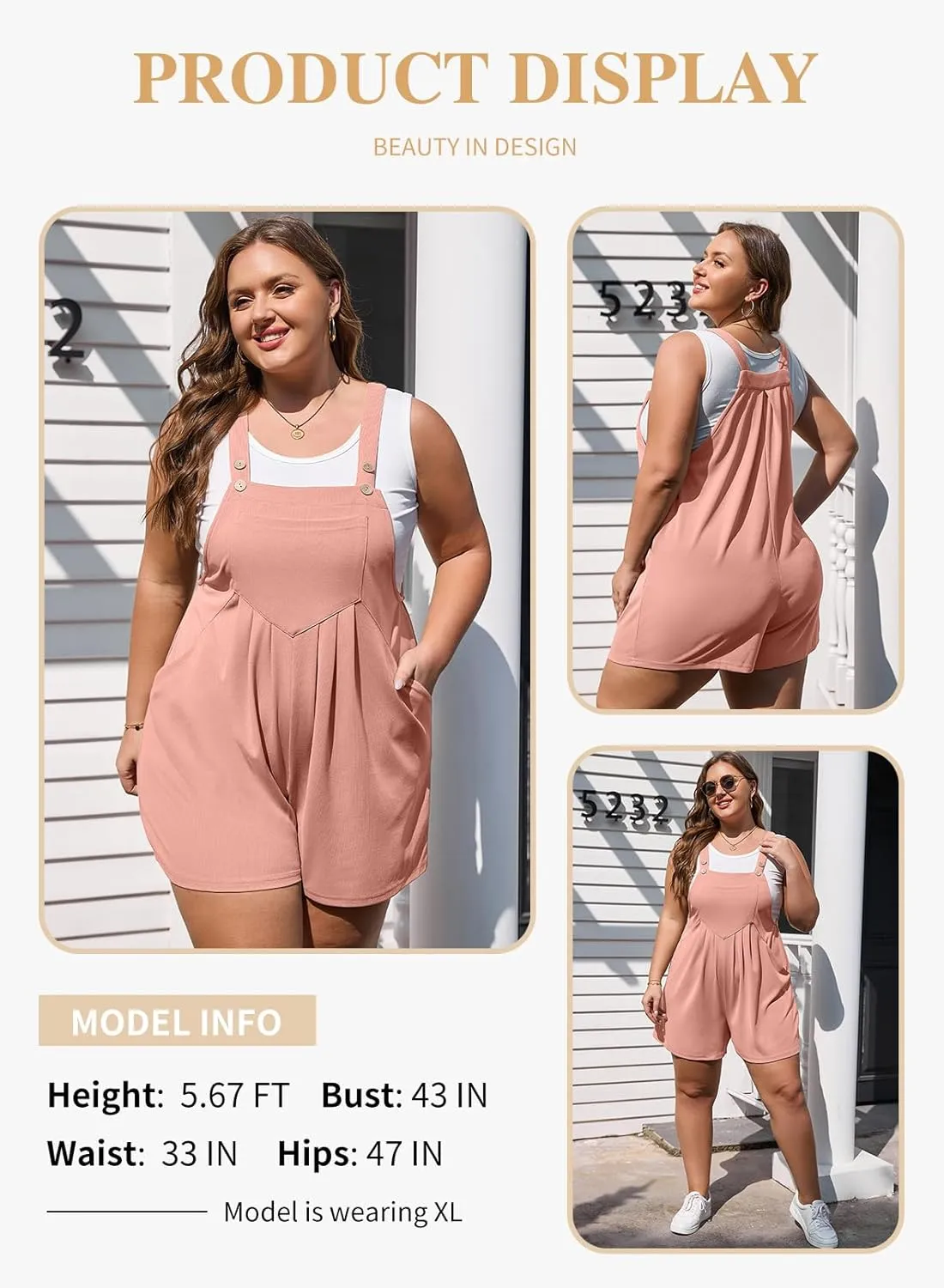 Eytino Womens Plus Size Jumpsuits Adjustable Summer Short Overalls Casual Sleeveless Rompers with Pockets(1X-5X)
