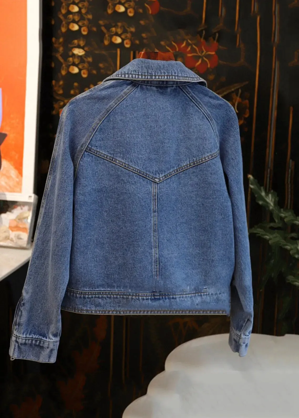 French Blue Peter Pan Collar Zip Up Patchwork Denim Coat Fall ML2954