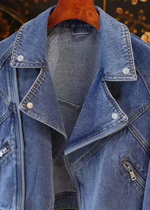 French Blue Peter Pan Collar Zip Up Patchwork Denim Coat Fall ML2954