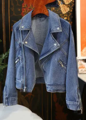 French Blue Peter Pan Collar Zip Up Patchwork Denim Coat Fall ML2954