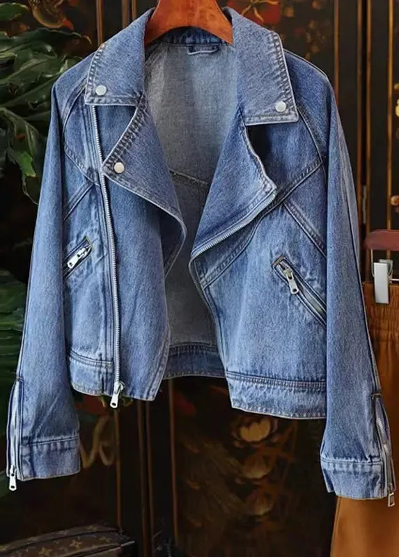 French Blue Peter Pan Collar Zip Up Patchwork Denim Coat Fall ML2954