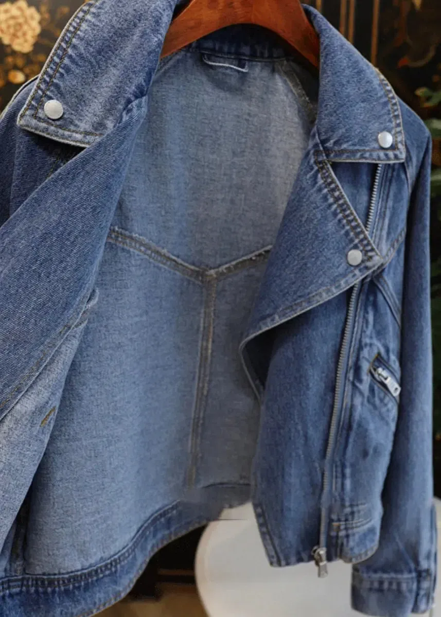 French Blue Peter Pan Collar Zip Up Patchwork Denim Coat Fall ML2954