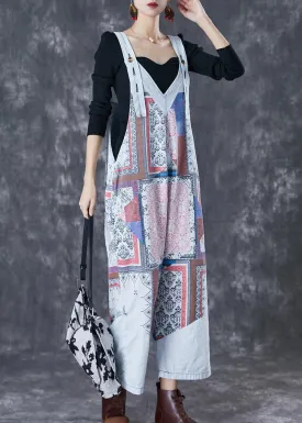 French Light Blue Oversized Print Cotton Overalls Jumpsuit Fall ML3065
