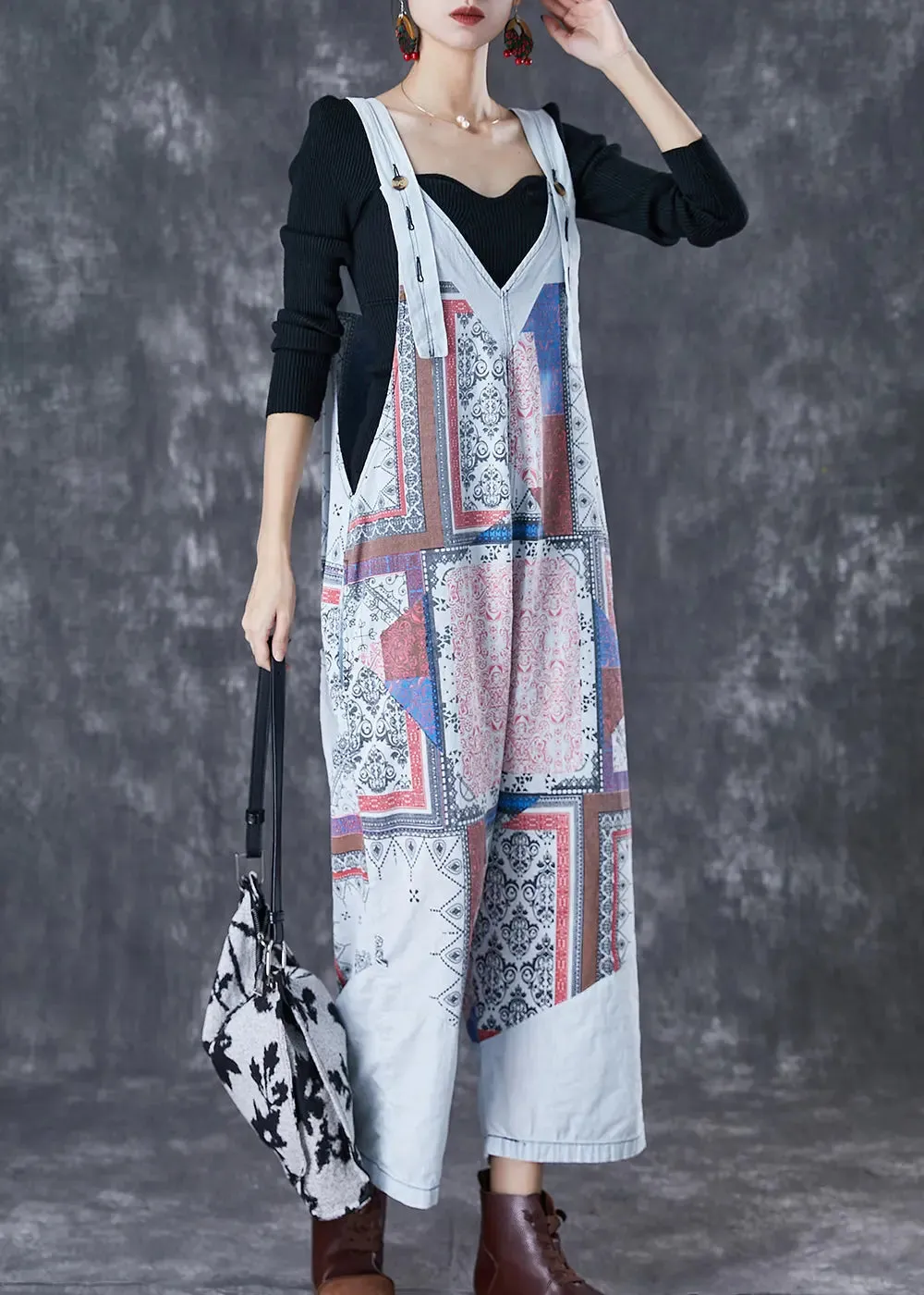 French Light Blue Oversized Print Cotton Overalls Jumpsuit Fall ML3065