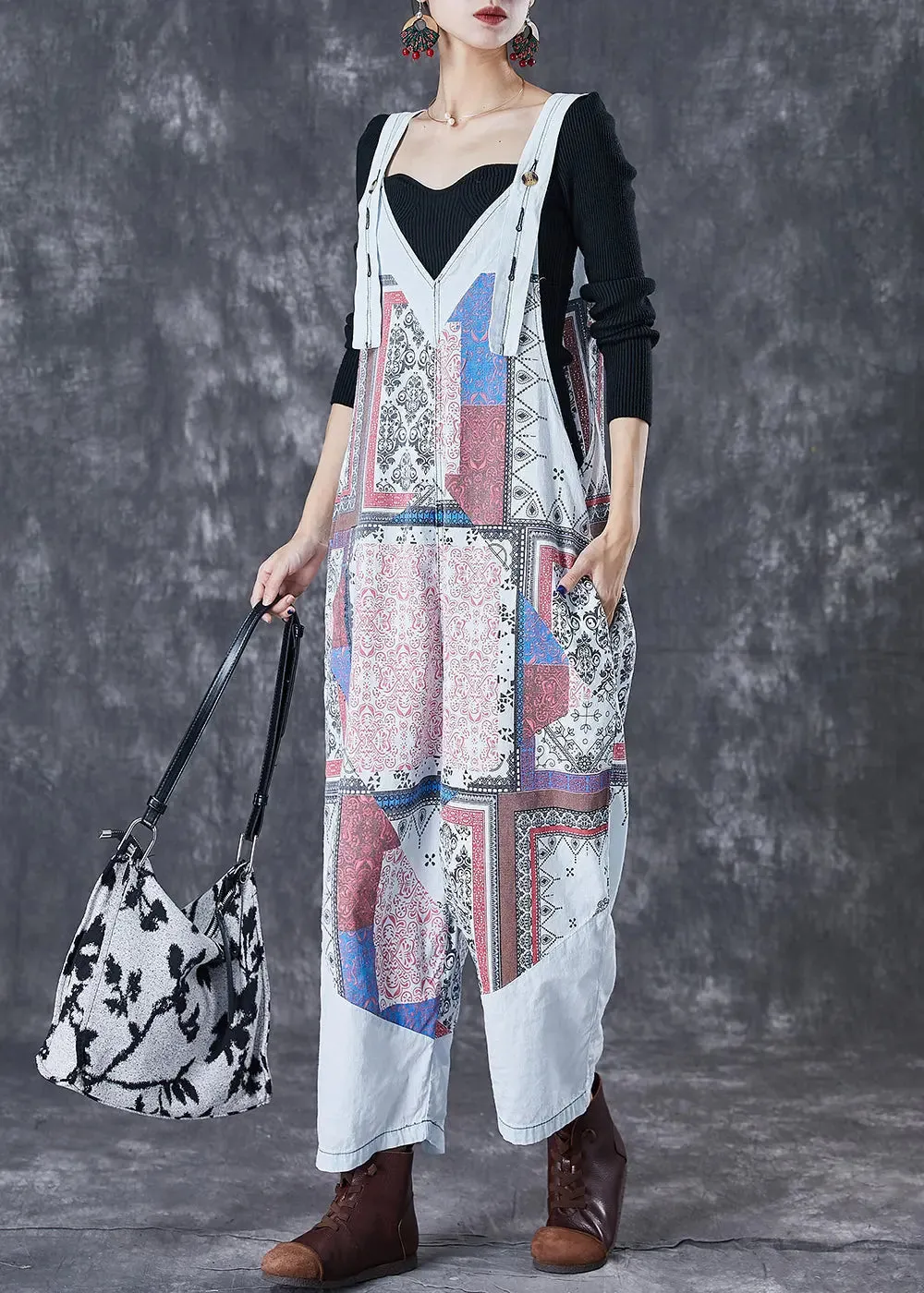 French Light Blue Oversized Print Cotton Overalls Jumpsuit Fall ML3065
