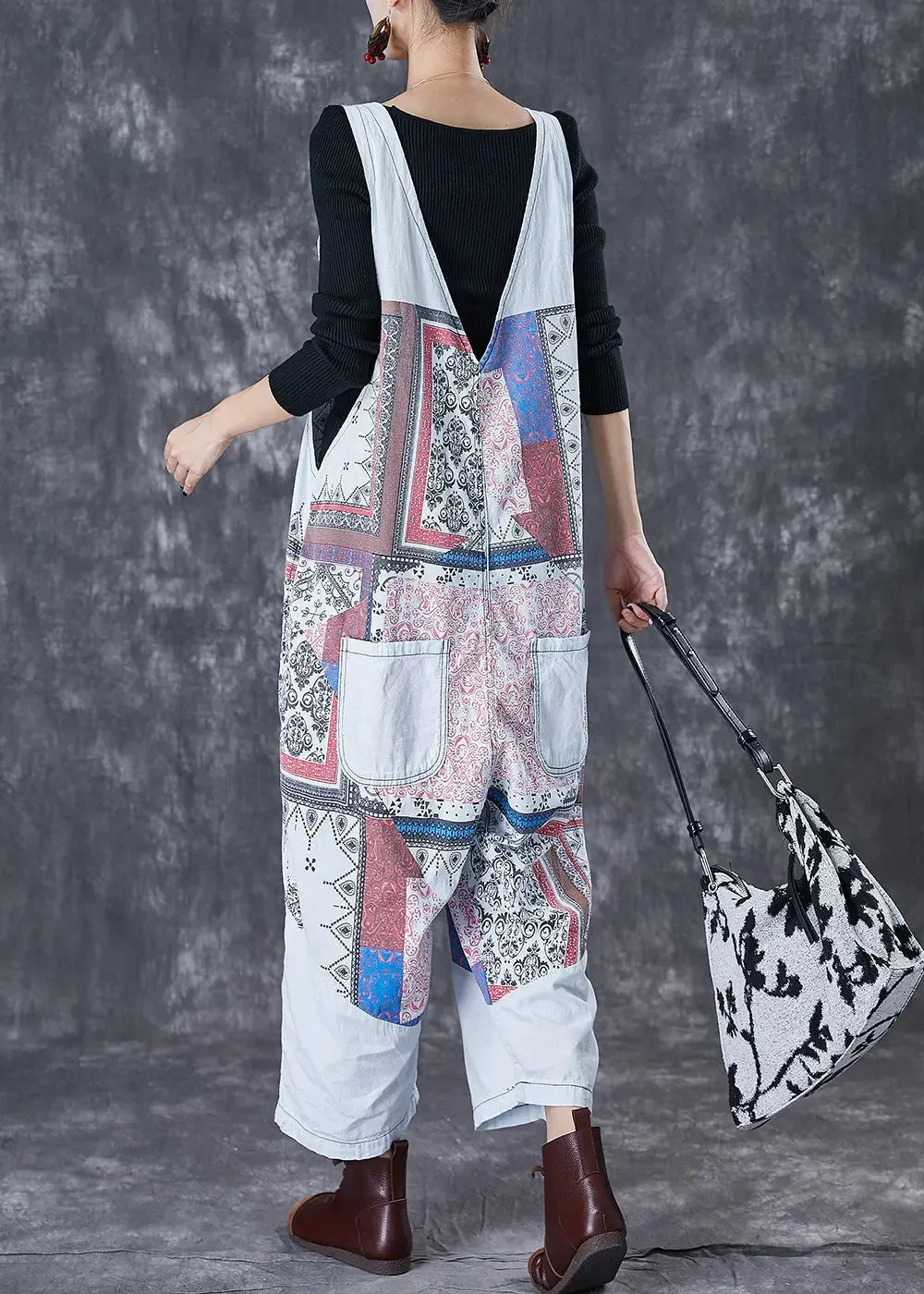 French Light Blue Oversized Print Cotton Overalls Jumpsuit Fall ML3065