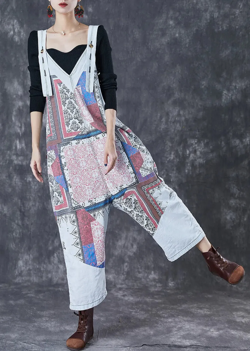 French Light Blue Oversized Print Cotton Overalls Jumpsuit Fall ML3065
