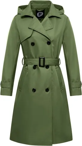 Garemcy Women's Long Waterproof Trench Coat Double Breasted Classic Lapel Coat Belted with Detachable Hood