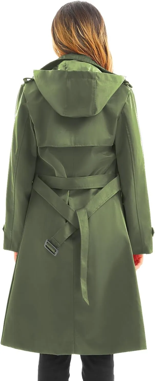 Garemcy Women's Long Waterproof Trench Coat Double Breasted Classic Lapel Coat Belted with Detachable Hood