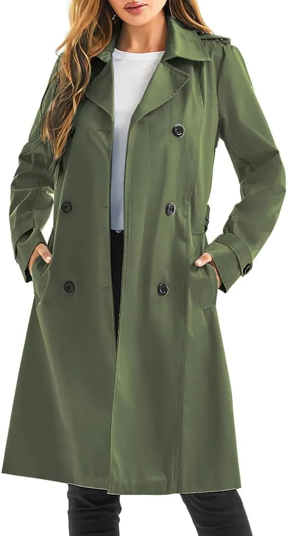 Garemcy Women's Long Waterproof Trench Coat Double Breasted Classic Lapel Coat Belted with Detachable Hood