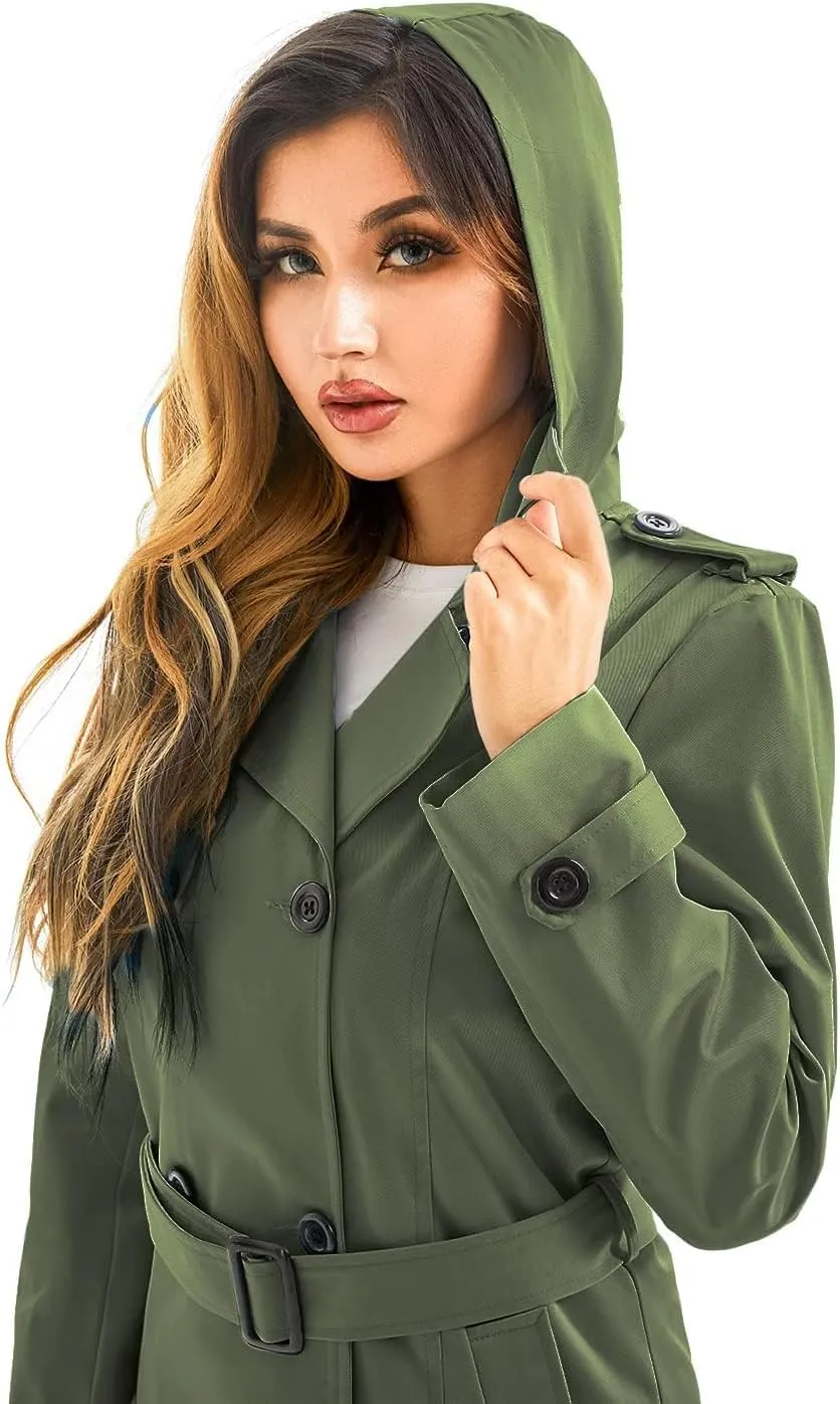 Garemcy Women's Long Waterproof Trench Coat Double Breasted Classic Lapel Coat Belted with Detachable Hood