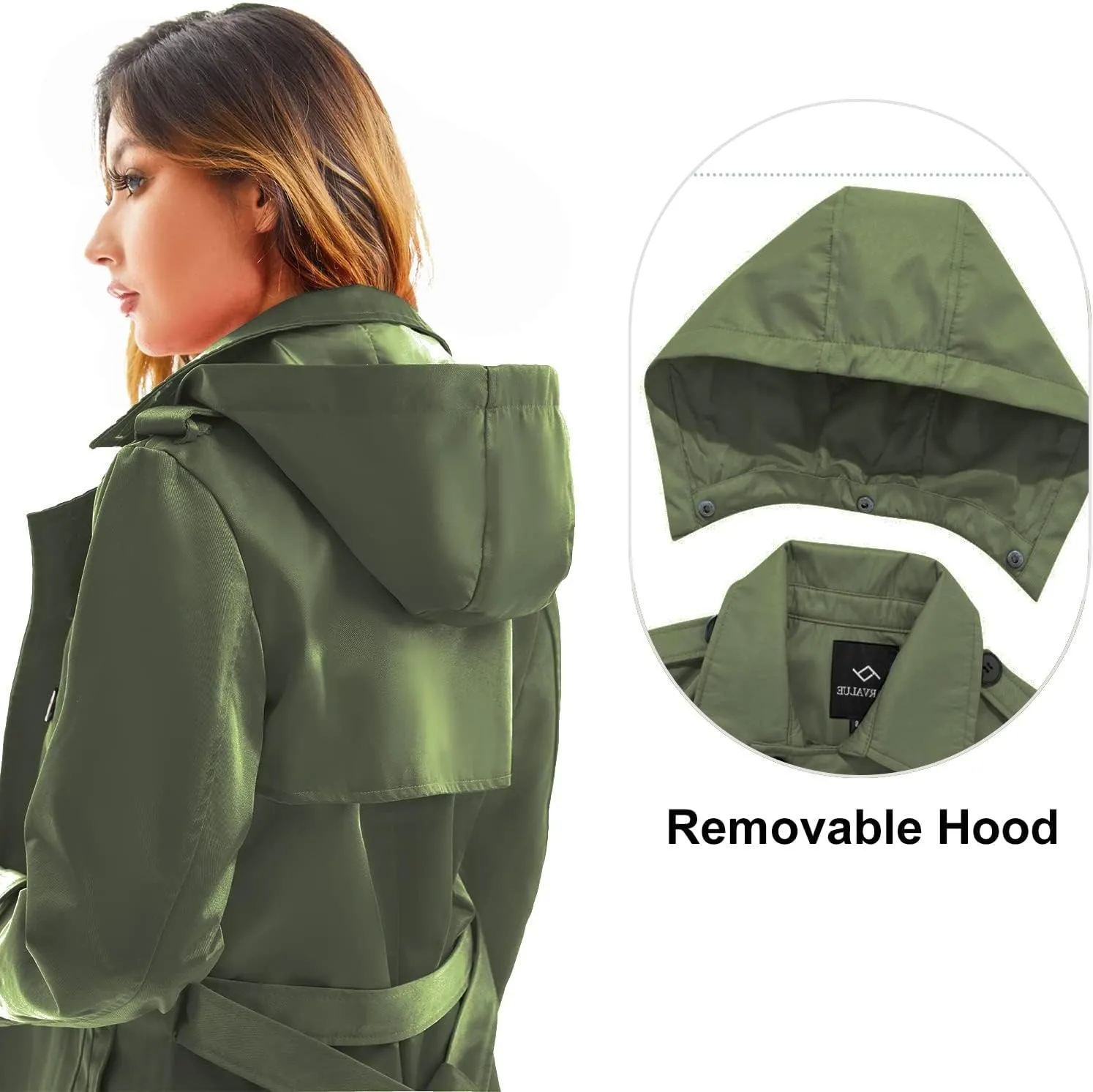Garemcy Women's Long Waterproof Trench Coat Double Breasted Classic Lapel Coat Belted with Detachable Hood