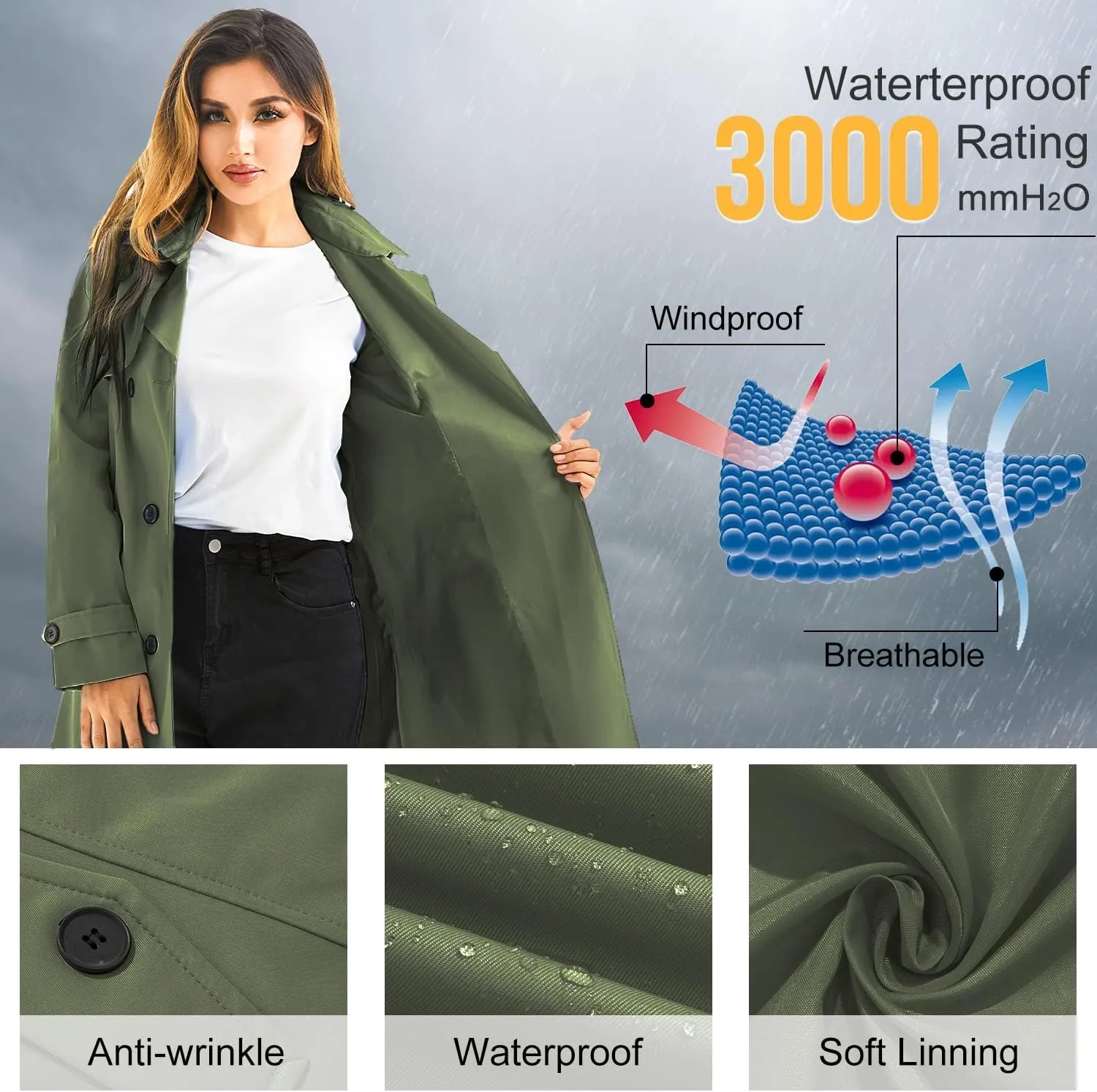 Garemcy Women's Long Waterproof Trench Coat Double Breasted Classic Lapel Coat Belted with Detachable Hood