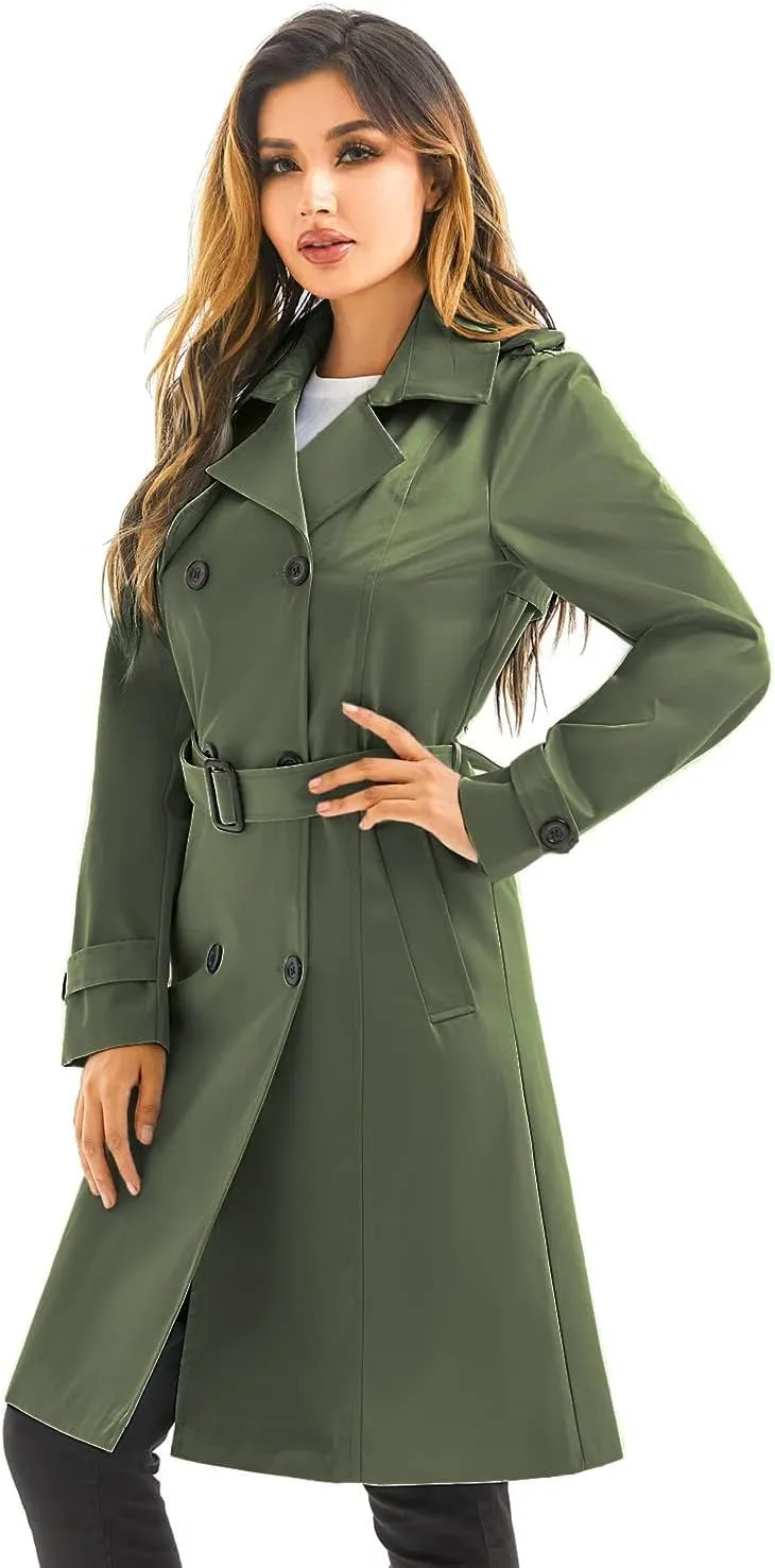 Garemcy Women's Long Waterproof Trench Coat Double Breasted Classic Lapel Coat Belted with Detachable Hood