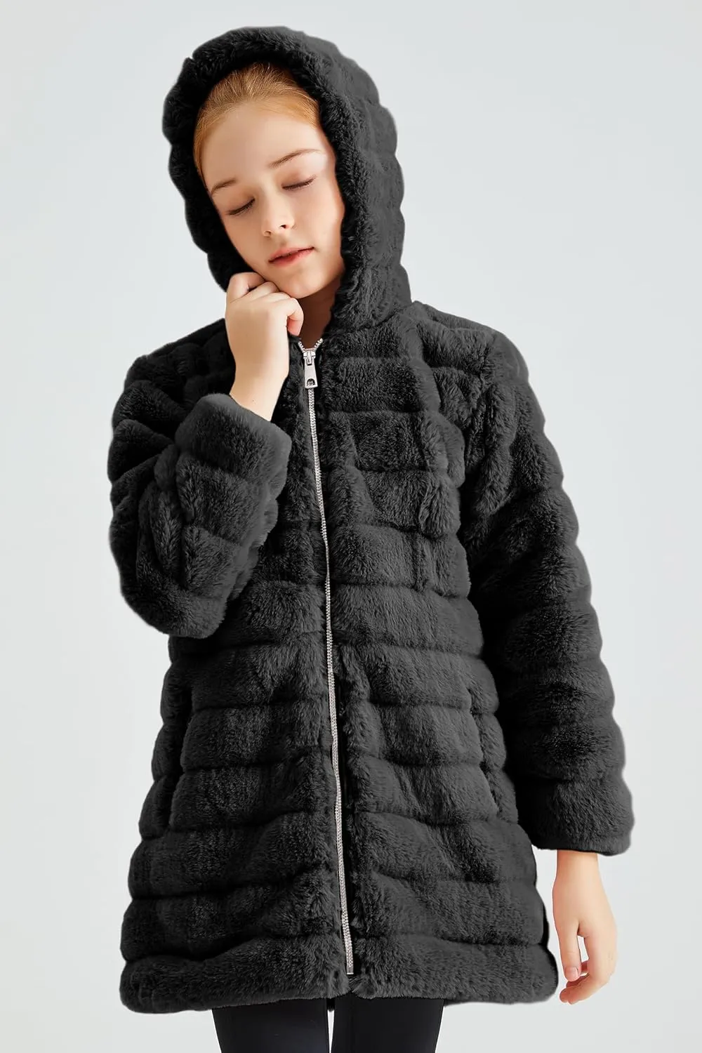 Giolshon Girls Faux Fur Fleece Jacket Sherpa Fuzzy Hoodie Winter Coat with Full Zip Fluffy Outerwear 2169