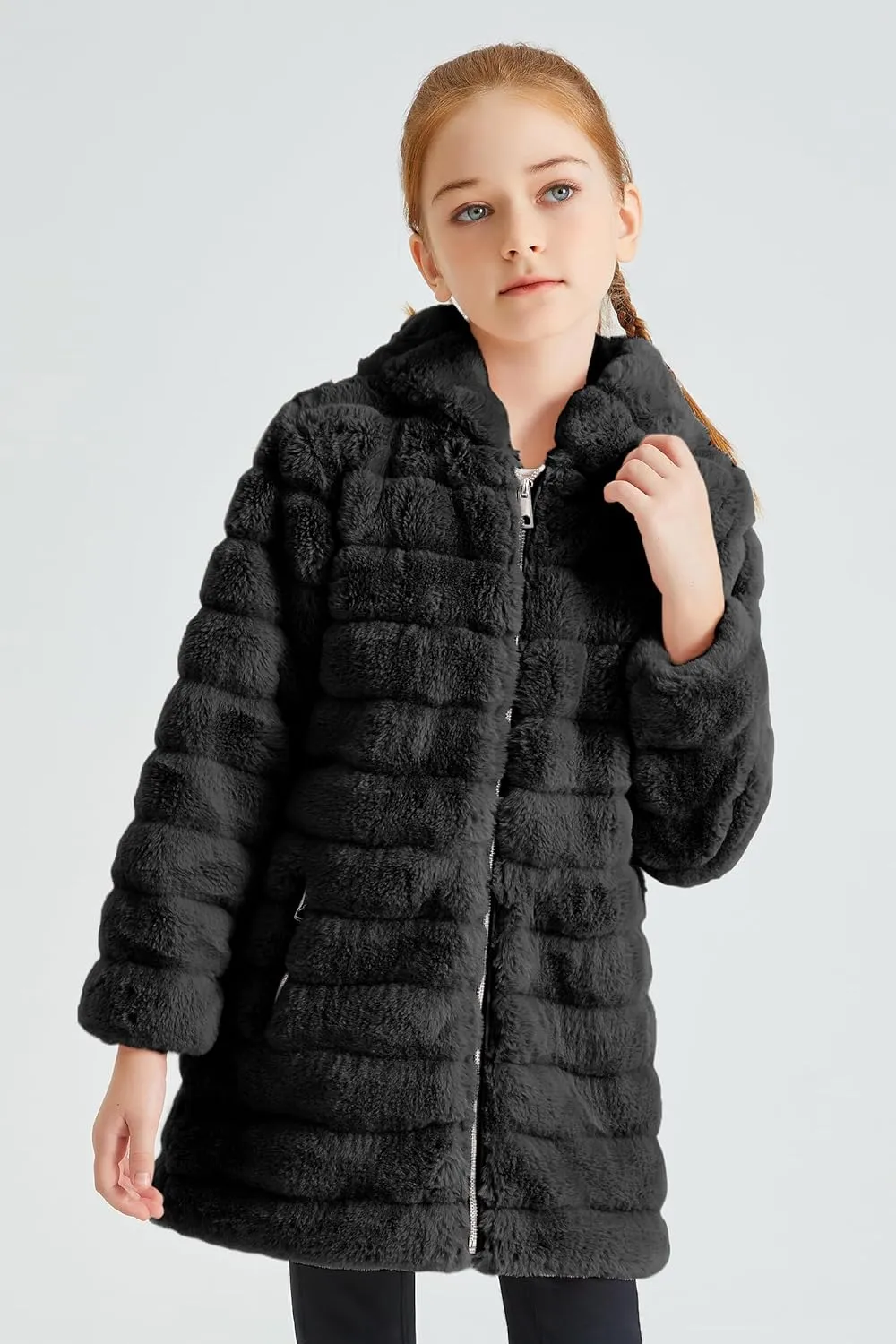Giolshon Girls Faux Fur Fleece Jacket Sherpa Fuzzy Hoodie Winter Coat with Full Zip Fluffy Outerwear 2169