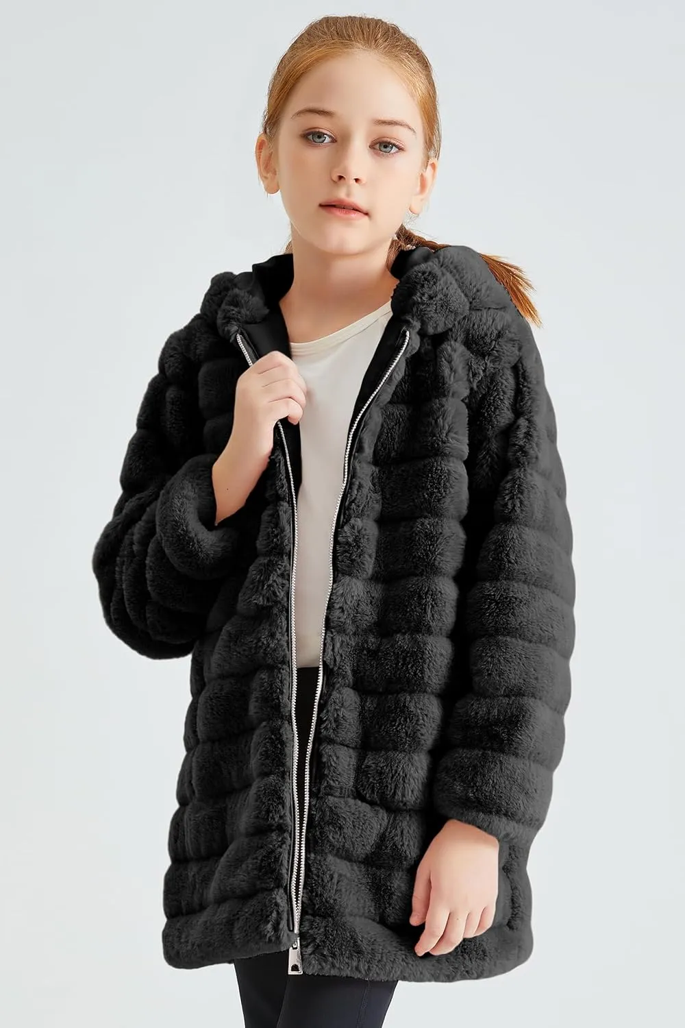 Giolshon Girls Faux Fur Fleece Jacket Sherpa Fuzzy Hoodie Winter Coat with Full Zip Fluffy Outerwear 2169