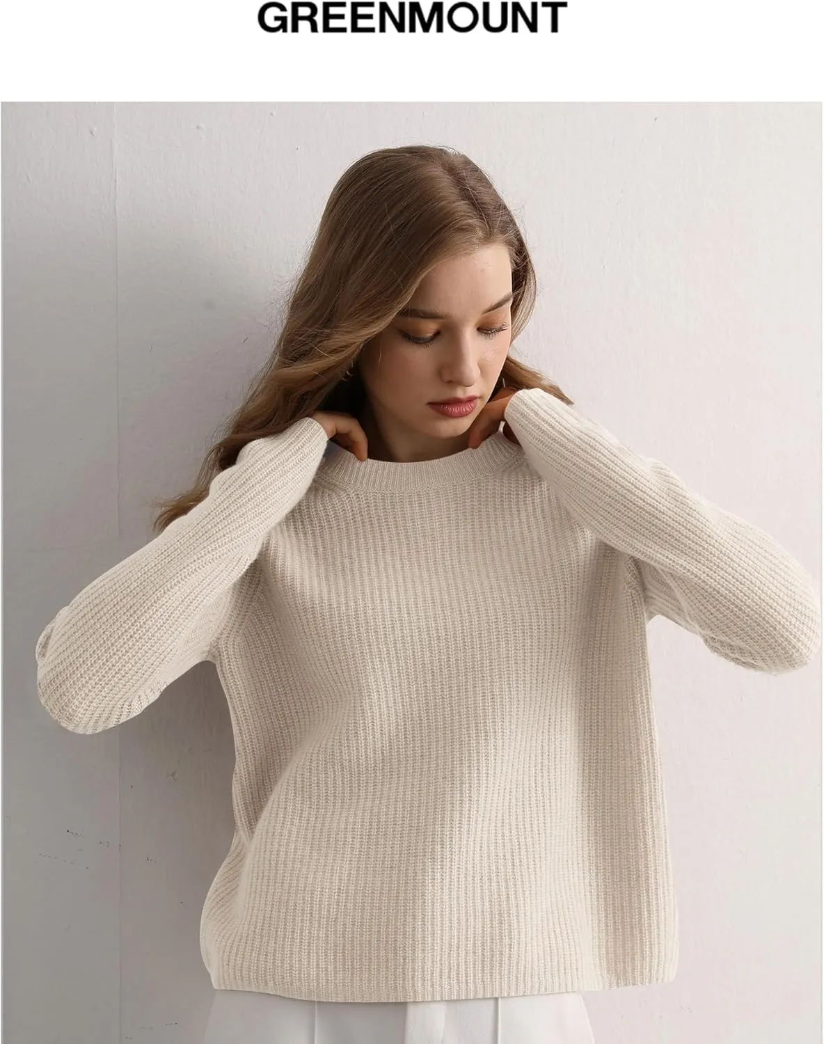 GreenMount Cashmere Sweaters for Women Essential Crewneck Ribbed Long Sleeve Pullover Sweater