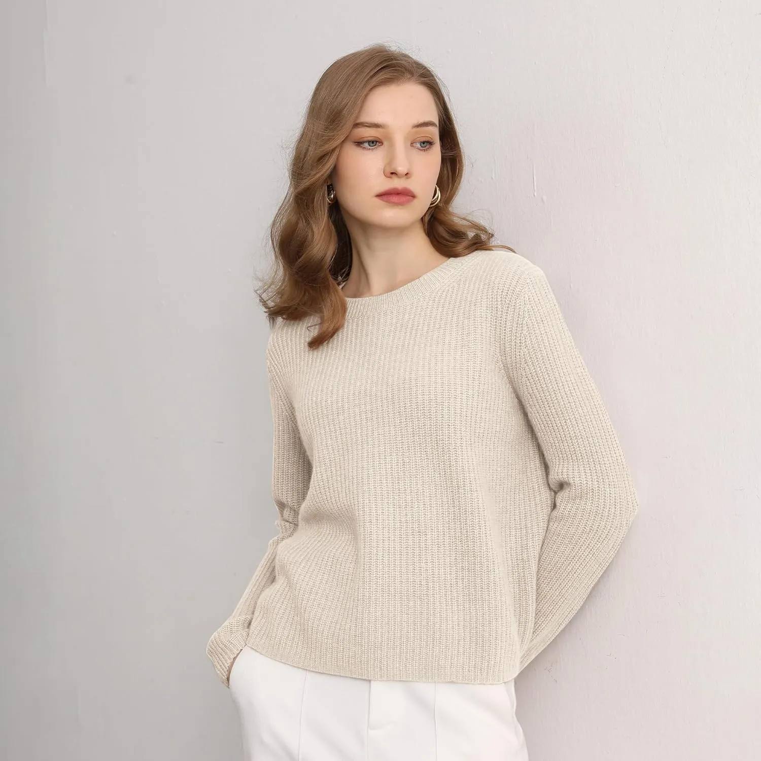 GreenMount Cashmere Sweaters for Women Essential Crewneck Ribbed Long Sleeve Pullover Sweater