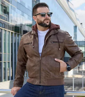 INVACHI Men's Faux Leather Motorcycle Jacket with Removable Hood Windproof Vintage PU Biker Bomber Coat