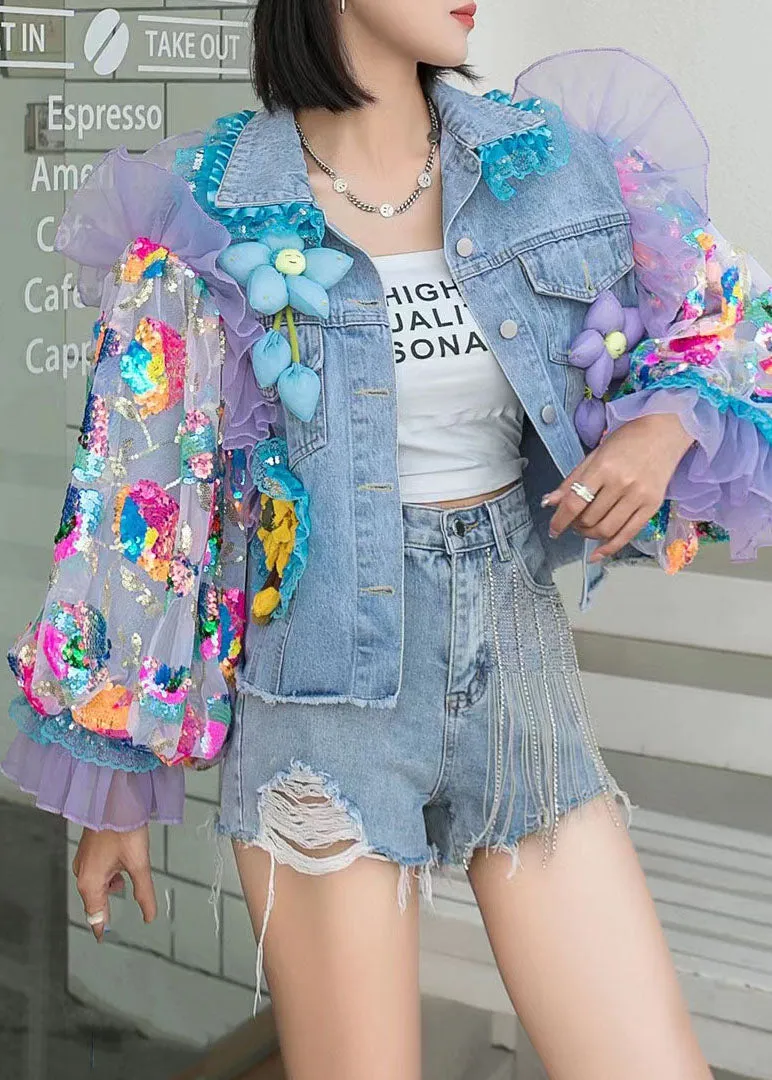 Italian Blue Tulle Ruffled Sequins Floral Decorated Patchwork Denim Coat Spring AH480