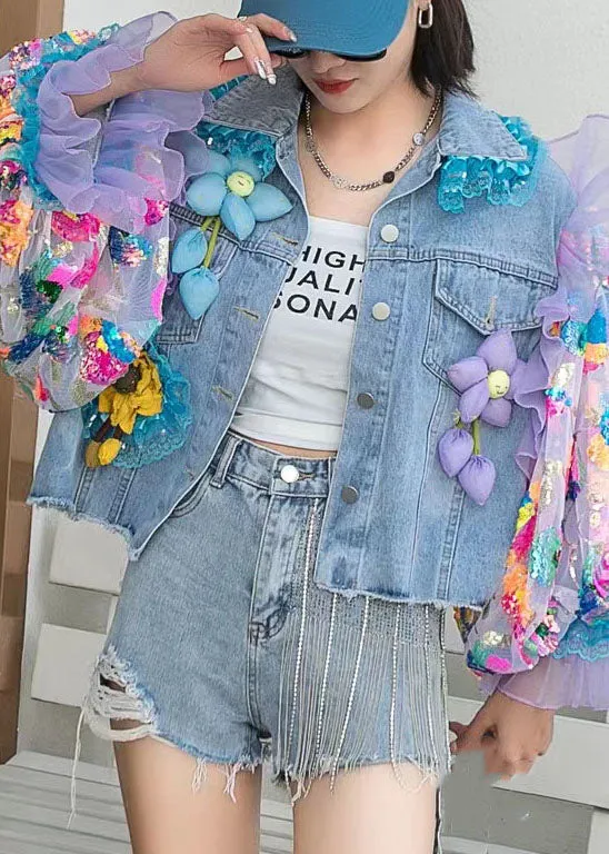 Italian Blue Tulle Ruffled Sequins Floral Decorated Patchwork Denim Coat Spring AH480