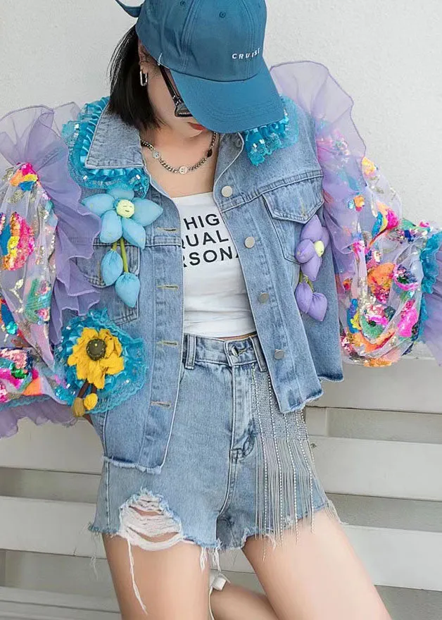 Italian Blue Tulle Ruffled Sequins Floral Decorated Patchwork Denim Coat Spring AH480