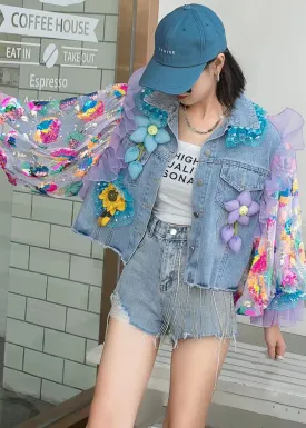 Italian Blue Tulle Ruffled Sequins Floral Decorated Patchwork Denim Coat Spring AH480