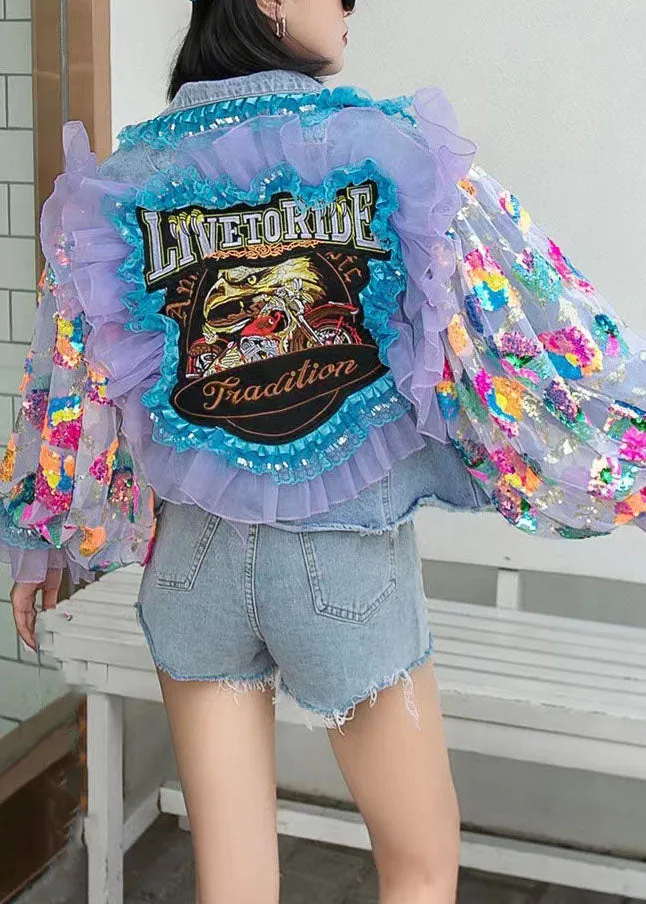 Italian Blue Tulle Ruffled Sequins Floral Decorated Patchwork Denim Coat Spring AH480