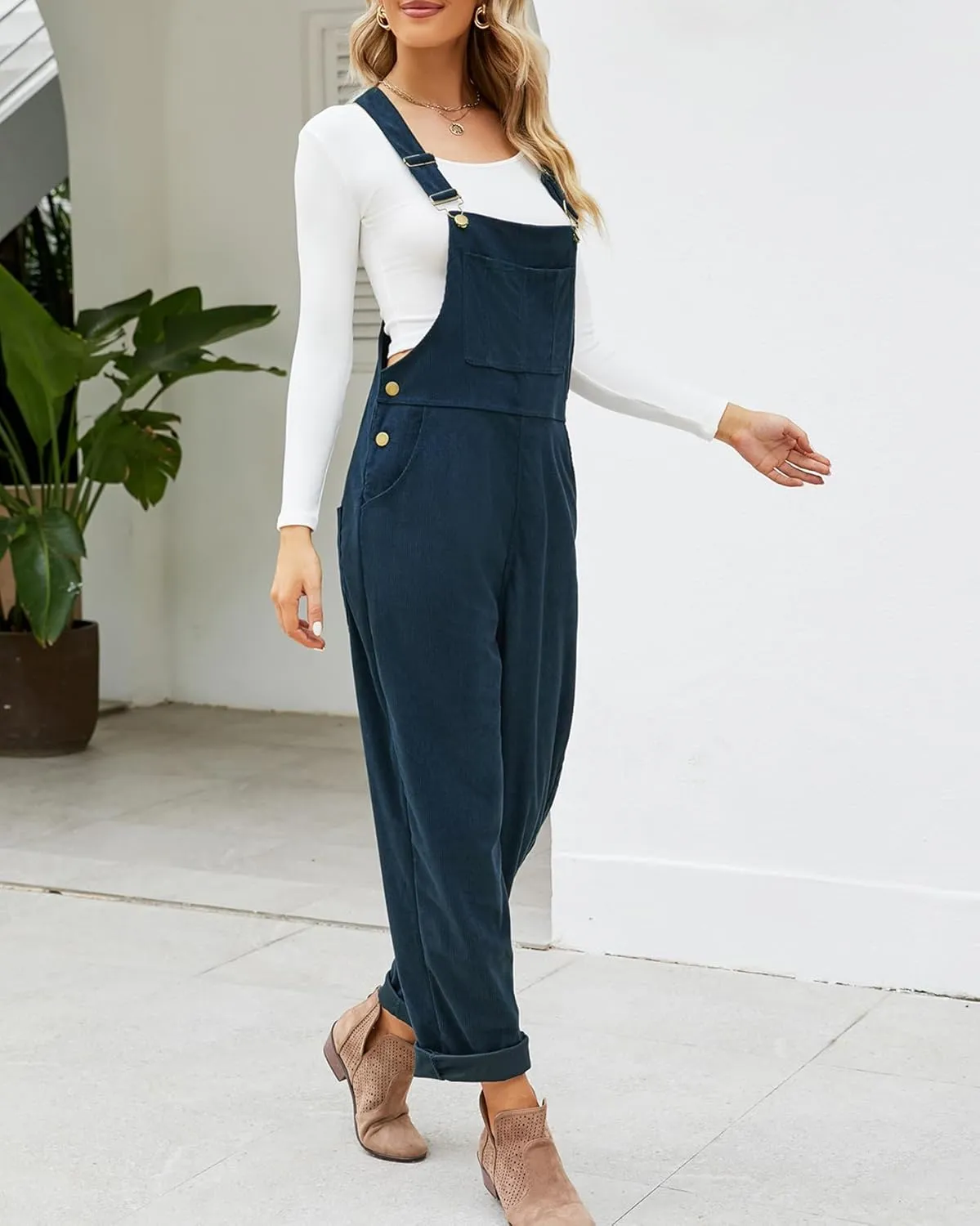 Ladyful Women's Bib Corduroy Overalls Pant Romper Jumpsuit Trouser with Adjustable Straps