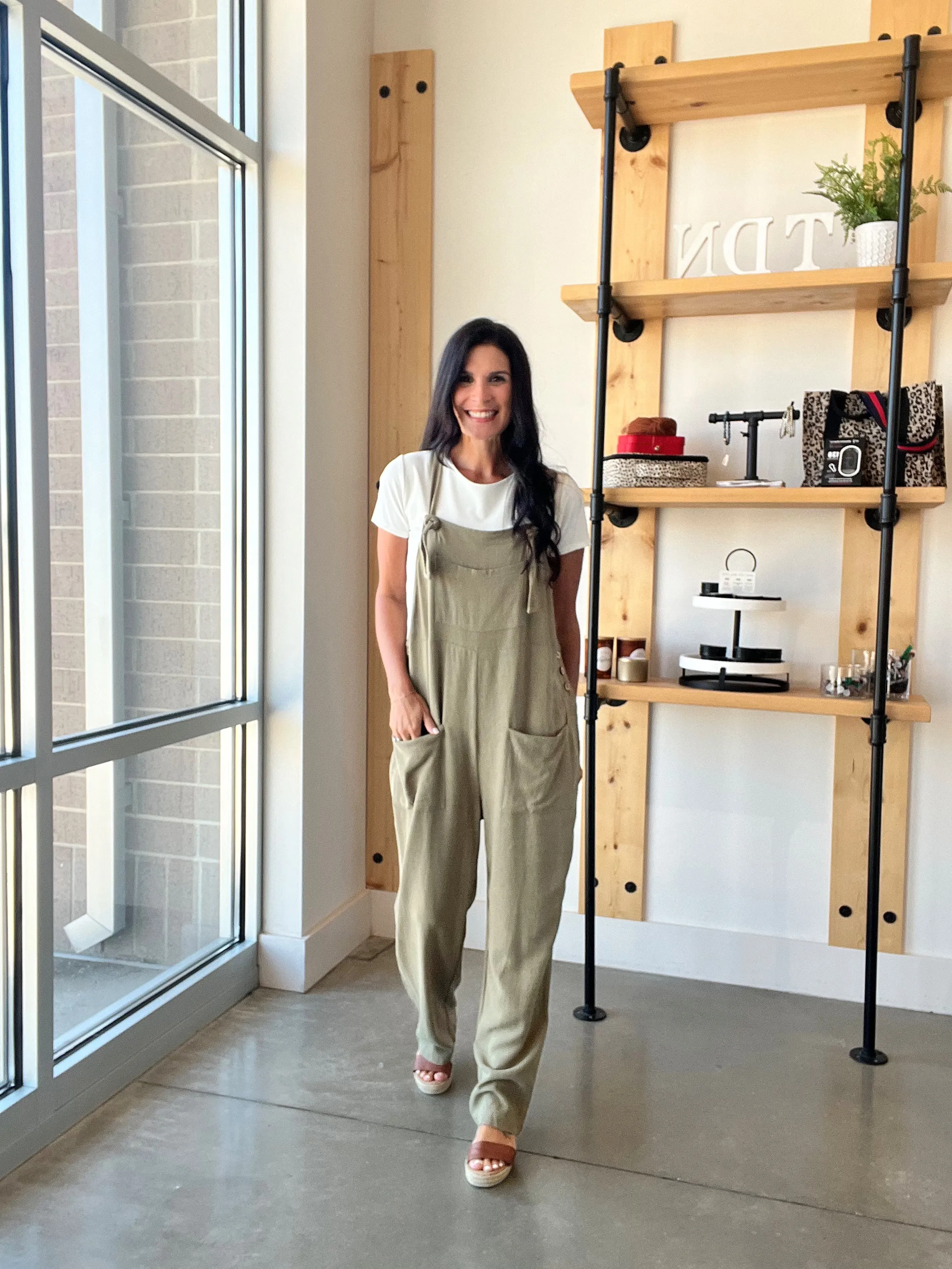 Linen Overalls in Olive