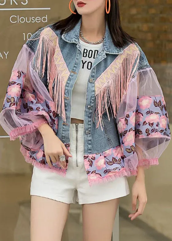 Loose Blue Tasseled Embroideried Ruffled Patchwork Denim Coat Lantern Sleeve LY5223